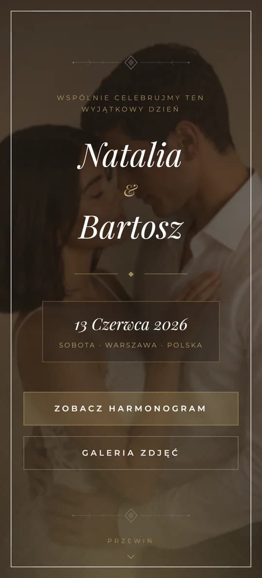Podgląd szablonu strony ślubnej ChampagneBeige na ekranie telefonu