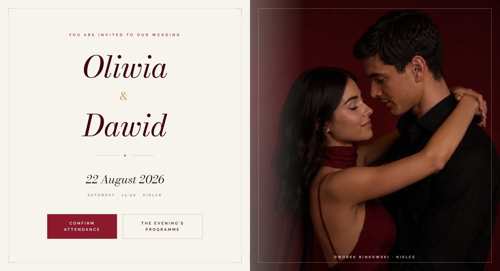 Crimson-Cream wedding website theme - full demo screenshot