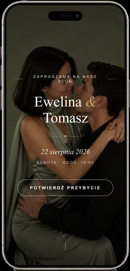 Strona ślubna otwarta na telefonie - ekran powitalny z imionami pary i datą ślubu
