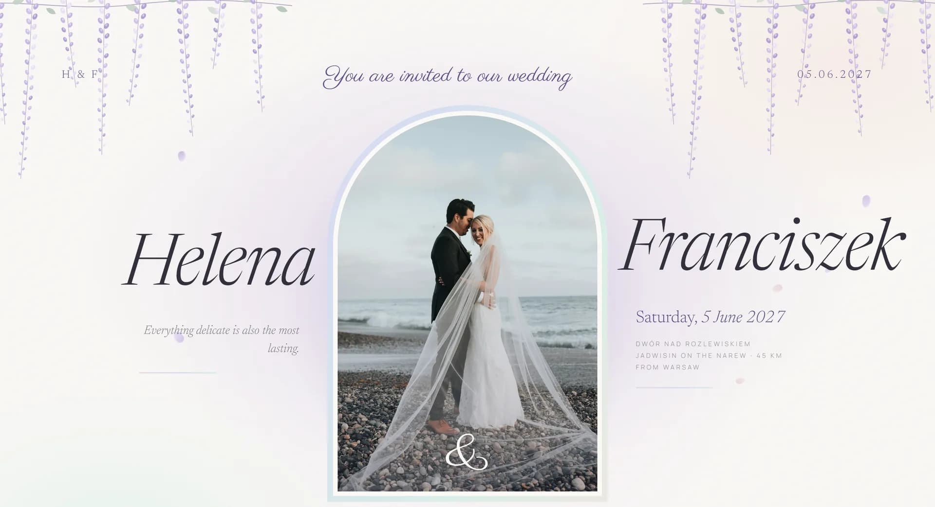 Wisteria Pearl wedding website theme - full demo screenshot