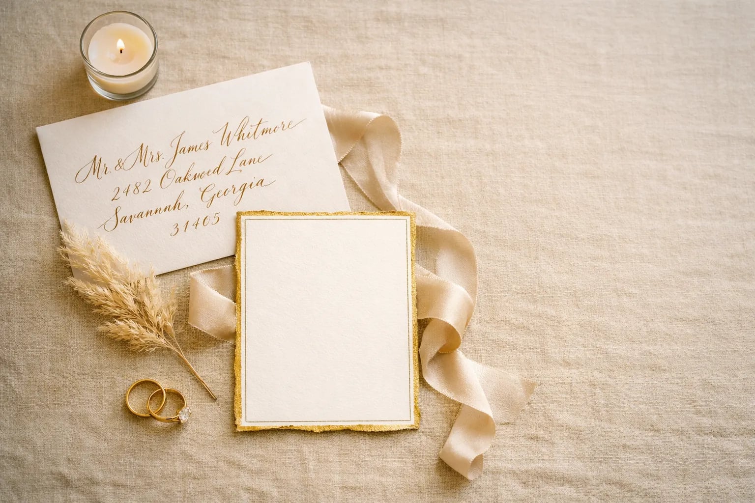 Dekoracja ślubna flatlay z papeterią i kwiatami