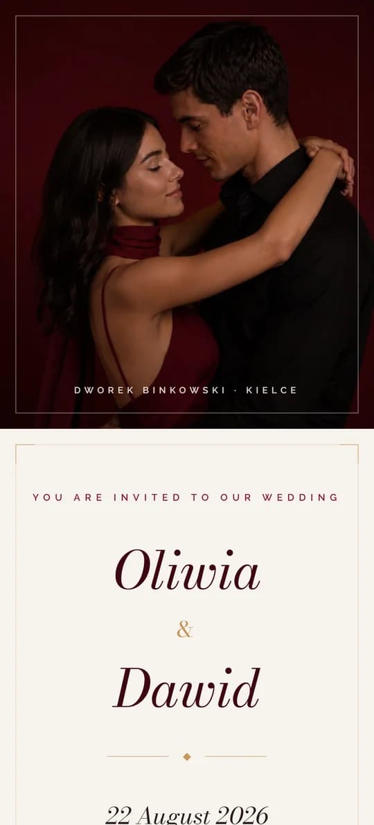 Preview of the Crimson-Cream wedding website template on a phone screen