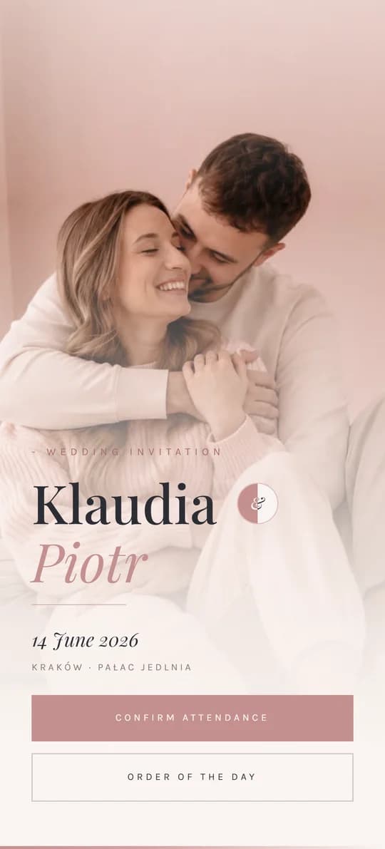 Preview of the DustyRose wedding website template on a phone screen
