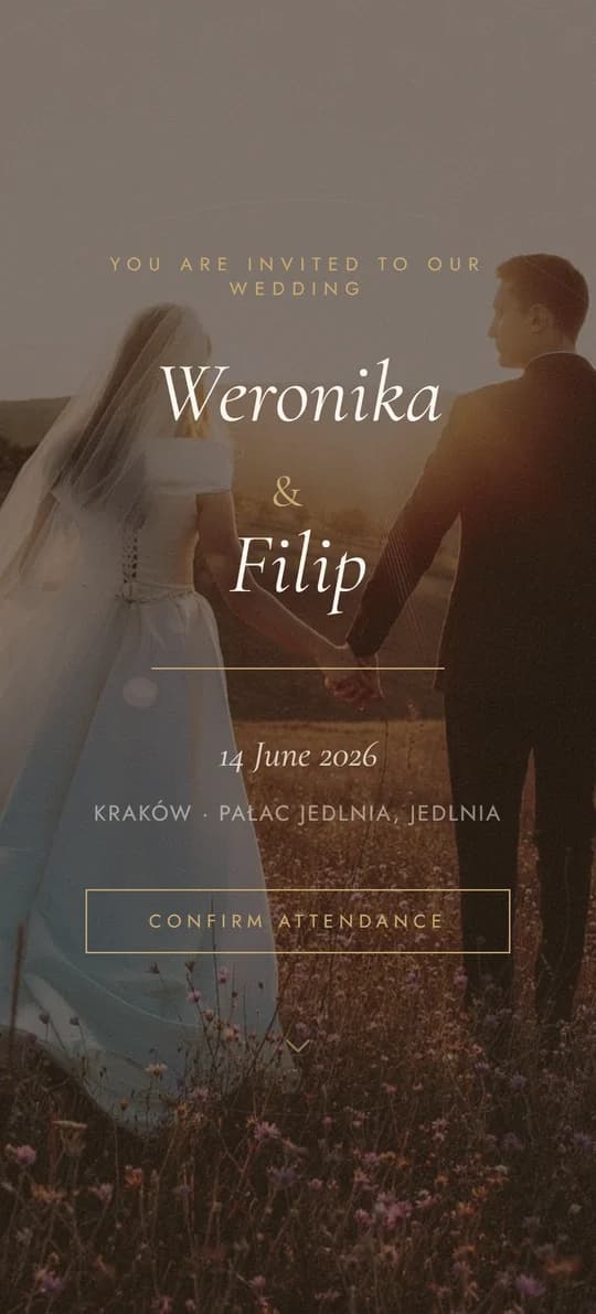 Preview of the EspressoCreamGold wedding website template on a phone screen