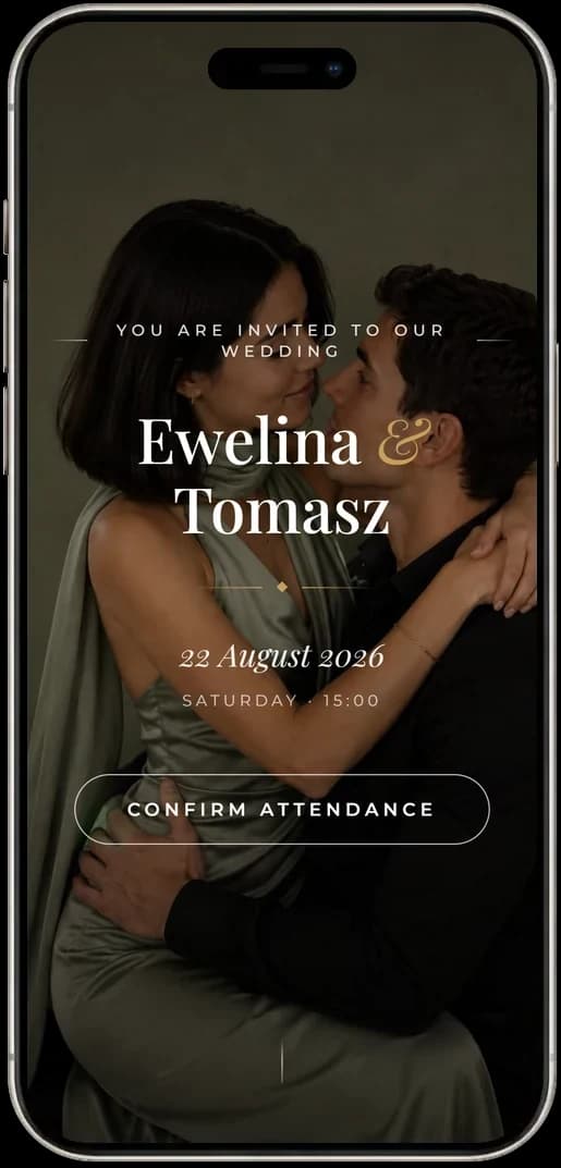 A wedding website open on a phone - the welcome screen with the couple's names and wedding date