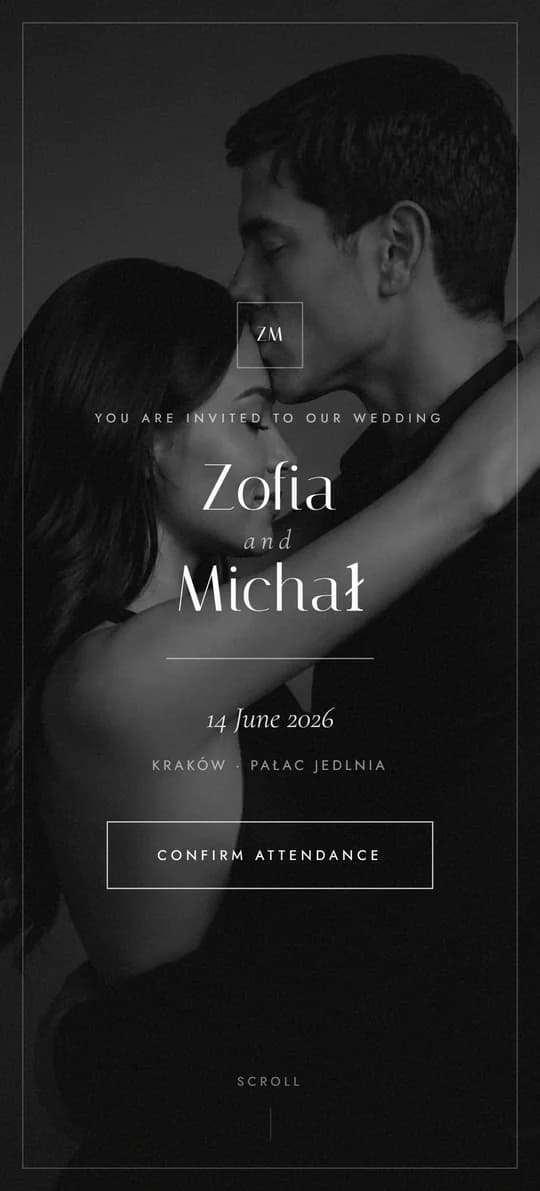 Preview of the NoirBlanc wedding website template on a phone screen