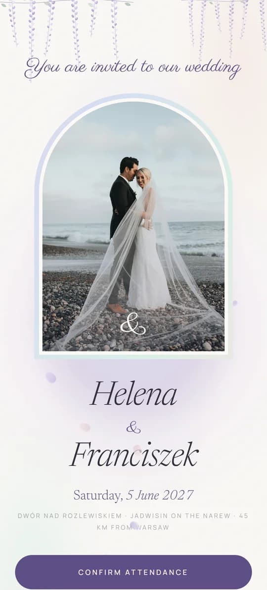 Preview of the Wisteria Pearl wedding website template on a phone screen